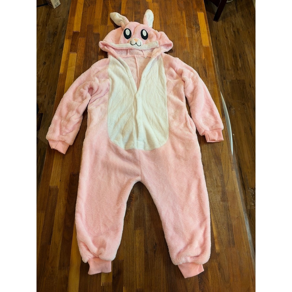 Pink Bunny Plush Fleece Hooded One Piece Pajamas Kids Size 120 Costume